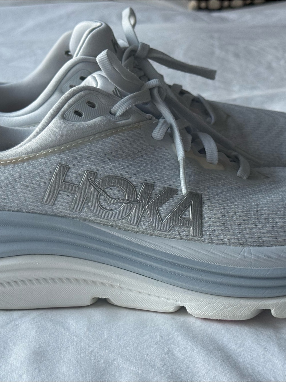 Hoka White and Light Gray Cushioned Running Shoe